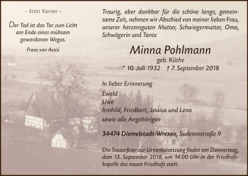 Traueranzeige von Minna Pohlmann von WLZ