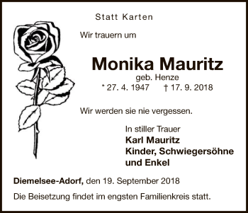 Traueranzeige von Monika Mauritz von WLZ