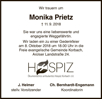 Traueranzeige von Monika Prietz von WLZ