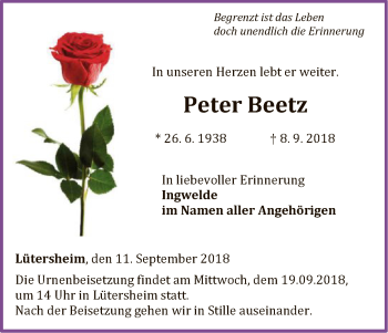 Traueranzeige von Peter Beetz von WLZ