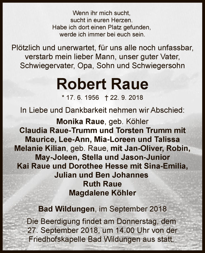  Traueranzeige für Robert Raue vom 26.09.2018 aus WLZ