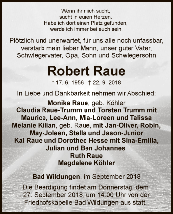 Traueranzeige von Robert Raue von WLZ