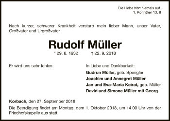 Traueranzeige von Rudolf Müller von WLZ