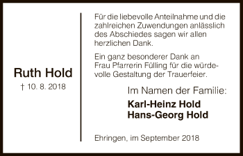 Traueranzeige von Ruth Hold von WLZ