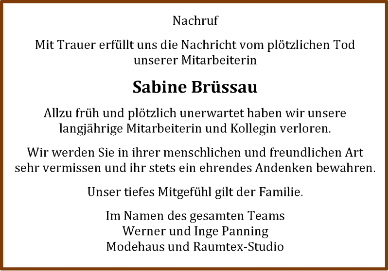  Traueranzeige für Sabine Brüssau vom 01.09.2018 aus WLZ