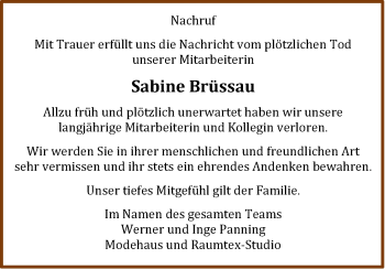 Traueranzeige von Sabine Brüssau von WLZ