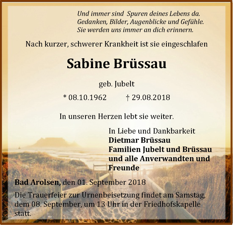  Traueranzeige für Sabine Brüssau vom 01.09.2018 aus WLZ