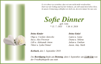 Traueranzeige von Sofie Dinner von WLZ