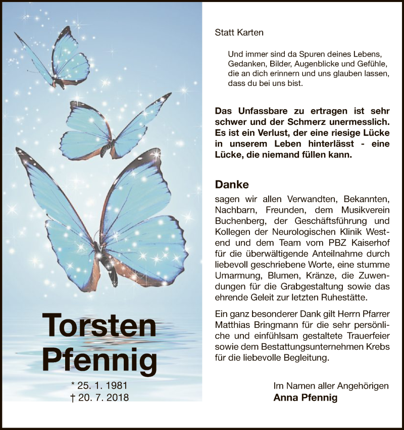  Traueranzeige für Torsten Pfennig vom 12.09.2018 aus WLZ