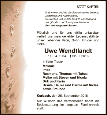 Traueranzeige von Uwe Wendtlandt von WLZ