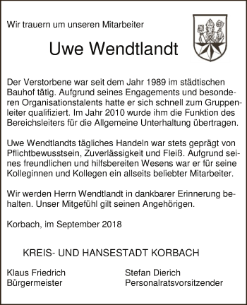 Traueranzeige von Uwe Wendtlandt von WLZ