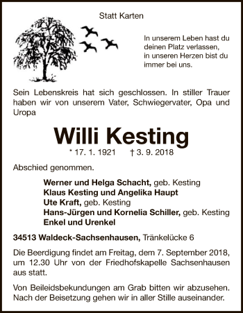 Traueranzeige von Willi Kesting von WLZ