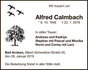 Traueranzeige von Alfred Calmbach von WLZ