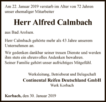 Traueranzeige von Alfred Calmbach von WLZ