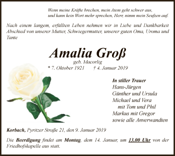 Traueranzeige von Amalia Groß von WLZ