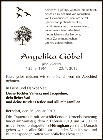 Traueranzeige von Angelika Göbel von WLZ