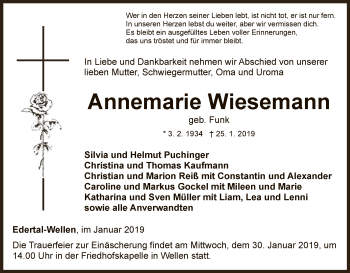 Traueranzeige von Annemarie Wiesemann von WLZ