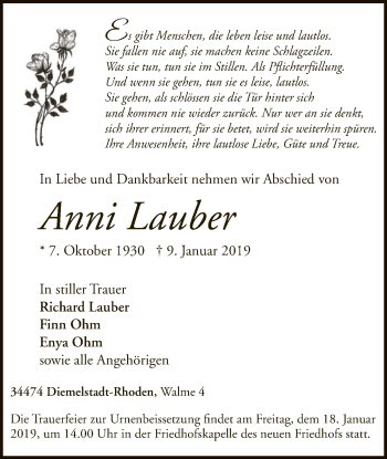 Traueranzeige von Anni Lauber von WLZ