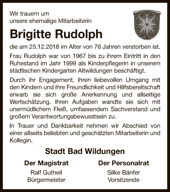 Traueranzeige von Brigitte Rudolph von WLZ