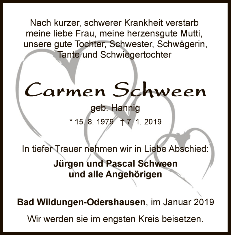  Traueranzeige für Carmen Schween vom 09.01.2019 aus WLZ