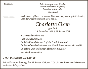 Traueranzeige von Charlotte Oxen von WLZ