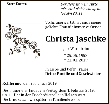 Traueranzeige von Christa Jaschke von WLZ