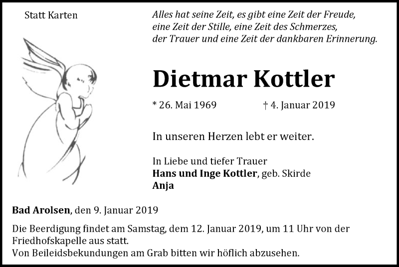  Traueranzeige für Dietmar Kottler vom 09.01.2019 aus WLZ