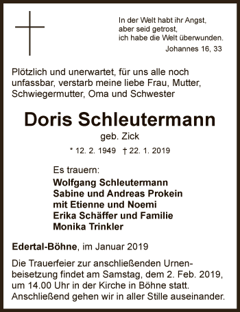 Traueranzeige von Doris Schleutermann von WLZ
