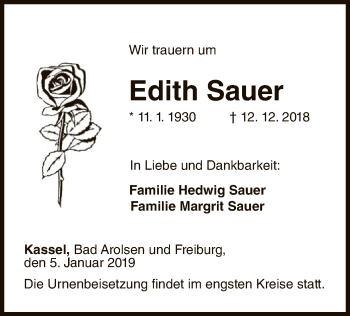 Traueranzeige von Edith Sauer von WLZ