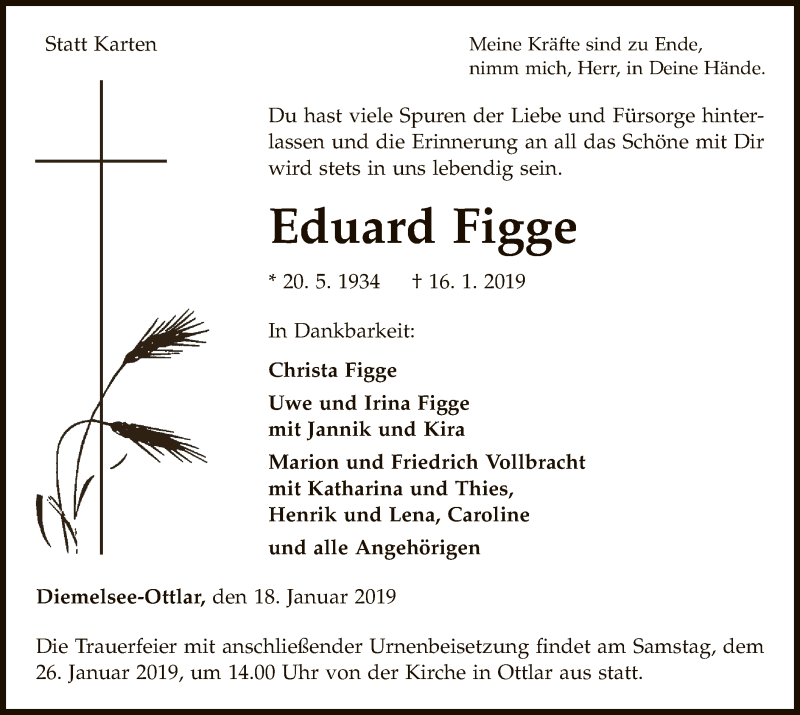  Traueranzeige für Eduard Figge vom 18.01.2019 aus WLZ