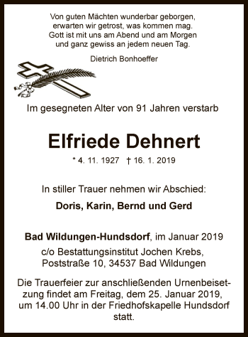 Traueranzeige von Elfriede Dehnert von WLZ