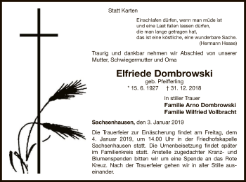 Traueranzeige von Elfriede Dombrowski von WLZ