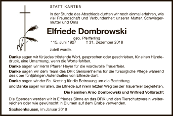 Traueranzeige von Elfriede Dombrowski von WLZ