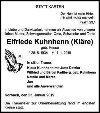 Traueranzeige von Elfriede Kuhnhenn von WLZ