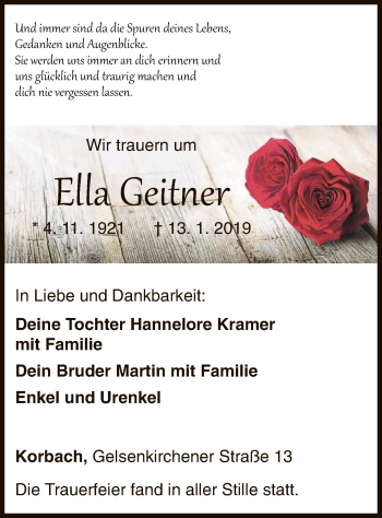 Traueranzeige von Ella Geitner von WLZ