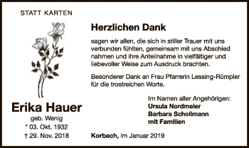 Traueranzeige von Erika Hauer von WLZ