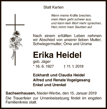 Traueranzeige von Erika Heidel von WLZ