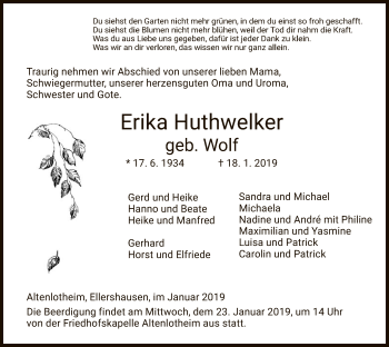 Traueranzeige von Erika Huthwelker von WLZ