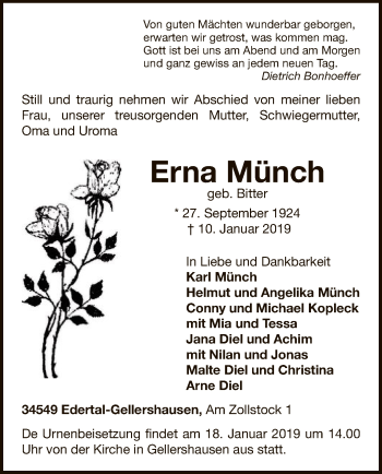 Traueranzeige von Erna Münch von WLZ
