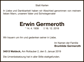 Traueranzeige von Erwin Germeroth von WLZ