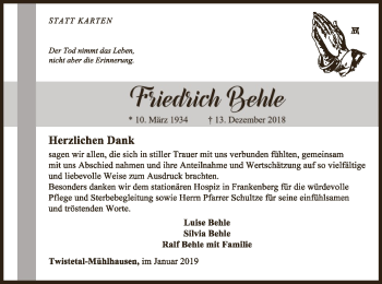 Traueranzeige von Friedrich Behle von WLZ