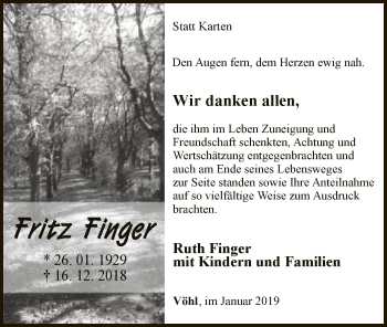 Traueranzeige von Friedrich Finger von WLZ