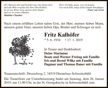 Traueranzeige von Fritz Kalhöfer von WLZ