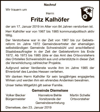 Traueranzeige von Fritz Kalhöfer von WLZ