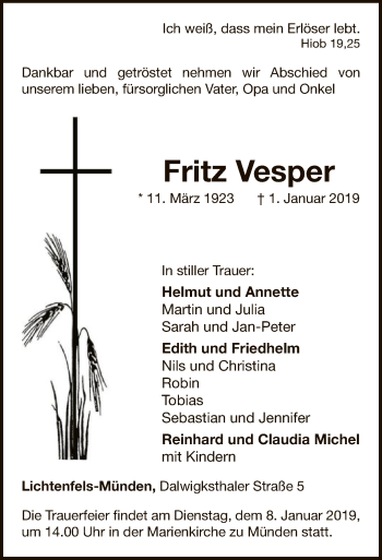 Traueranzeige von Fritz Vesper von WLZ