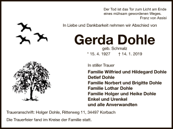 Traueranzeige von Gerda Dohle von WLZ