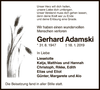 Traueranzeige von Gerhard Adamski von WLZ