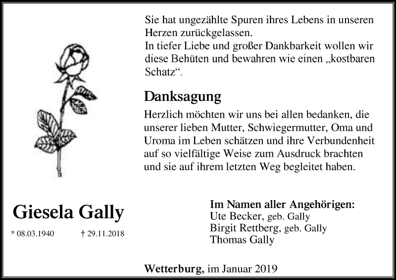  Traueranzeige für Giesela Gally vom 12.01.2019 aus WLZ