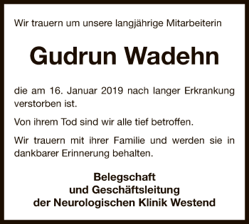 Traueranzeige von Gudrun Wadehn von WLZ