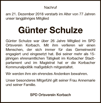 Traueranzeige von Günter Schulze von WLZ